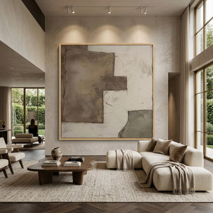 Minimalist 'Broken Plaster' canvas art with heavy impasto shards and soft shadow play, bringing a grounded 'Wabi-Sabi' aesthetic to a modern Abu Dhabi villa.