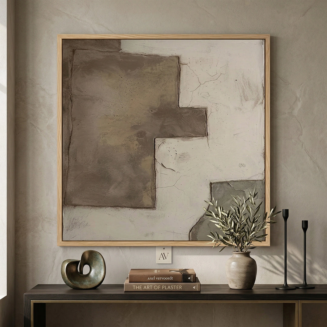 Abstract 'Broken Plaster' textured painting in a monochromatic limestone and slate palette, premium artisanal wall decor available in the UAE.