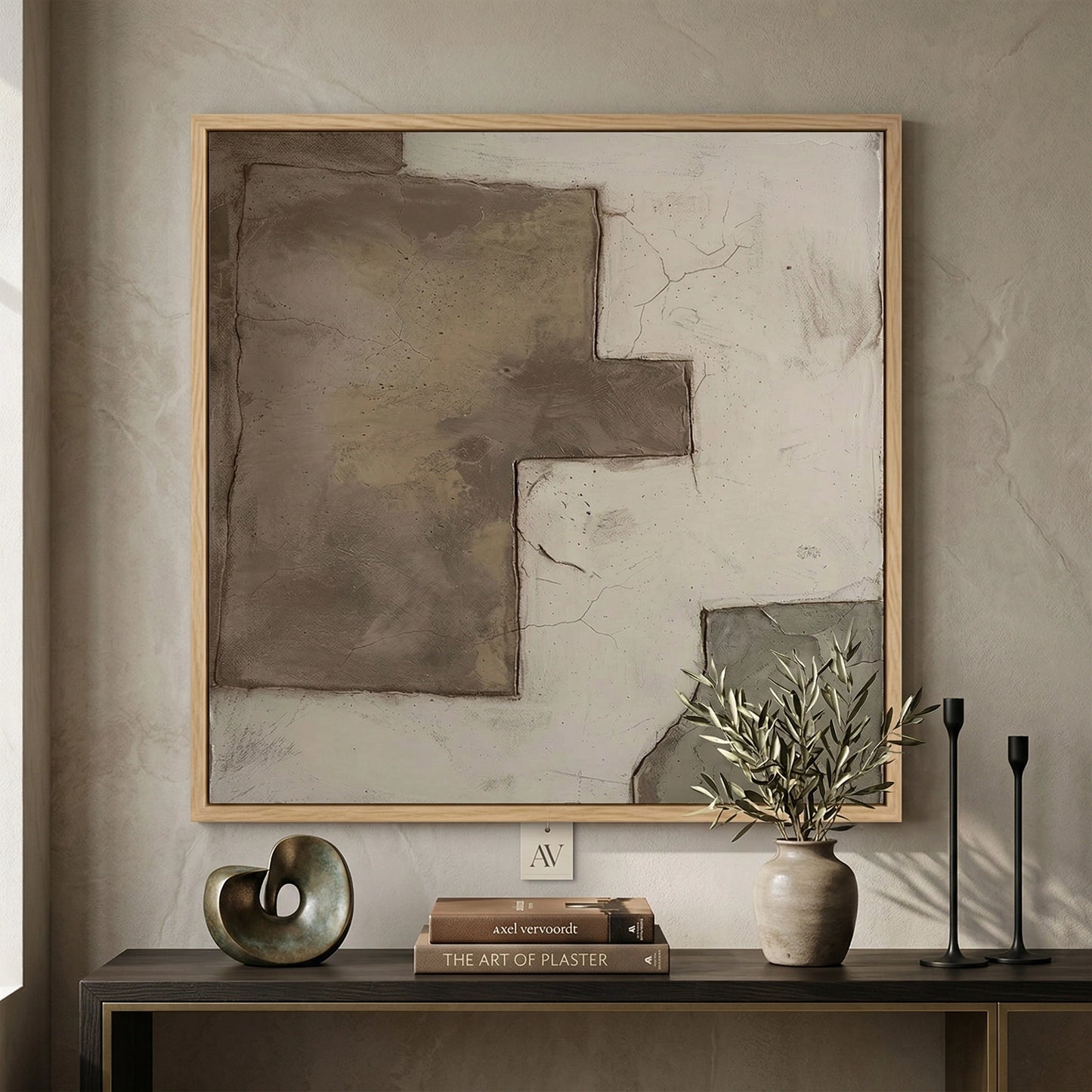 2Abstract 'Broken Plaster' textured painting in a monochromatic limestone and slate palette, premium artisanal wall decor available in the UAE.