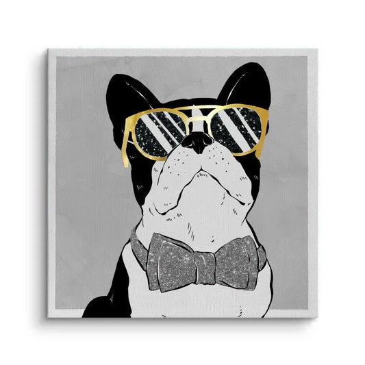 French Bulldog canvas print gold sunglasses and glitter bow tie unframed