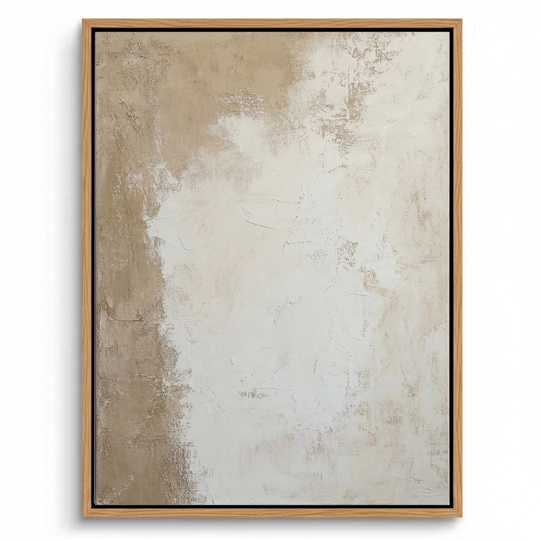 Large-scale 'Canvas Calm' abstract painting in a soft monochromatic palette of linen and dove grey, a meditative focal point for a luxury Abu Dhabi villa.