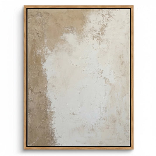 Large-scale 'Canvas Calm' abstract painting in a soft monochromatic palette of linen and dove grey, a meditative focal point for a luxury Abu Dhabi villa.