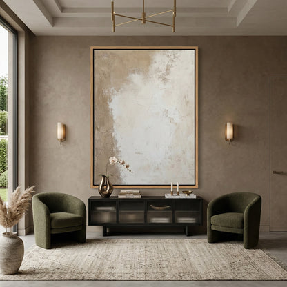 Minimalist 'Canvas Calm' wall art featuring heavy impasto textures and raw canvas edges, bringing a sense of serene 'Quiet Luxury' to a modern Dubai home.