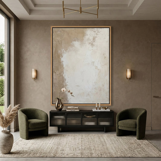 Minimalist 'Canvas Calm' wall art featuring heavy impasto textures and raw canvas edges, bringing a sense of serene 'Quiet Luxury' to a modern Dubai home.