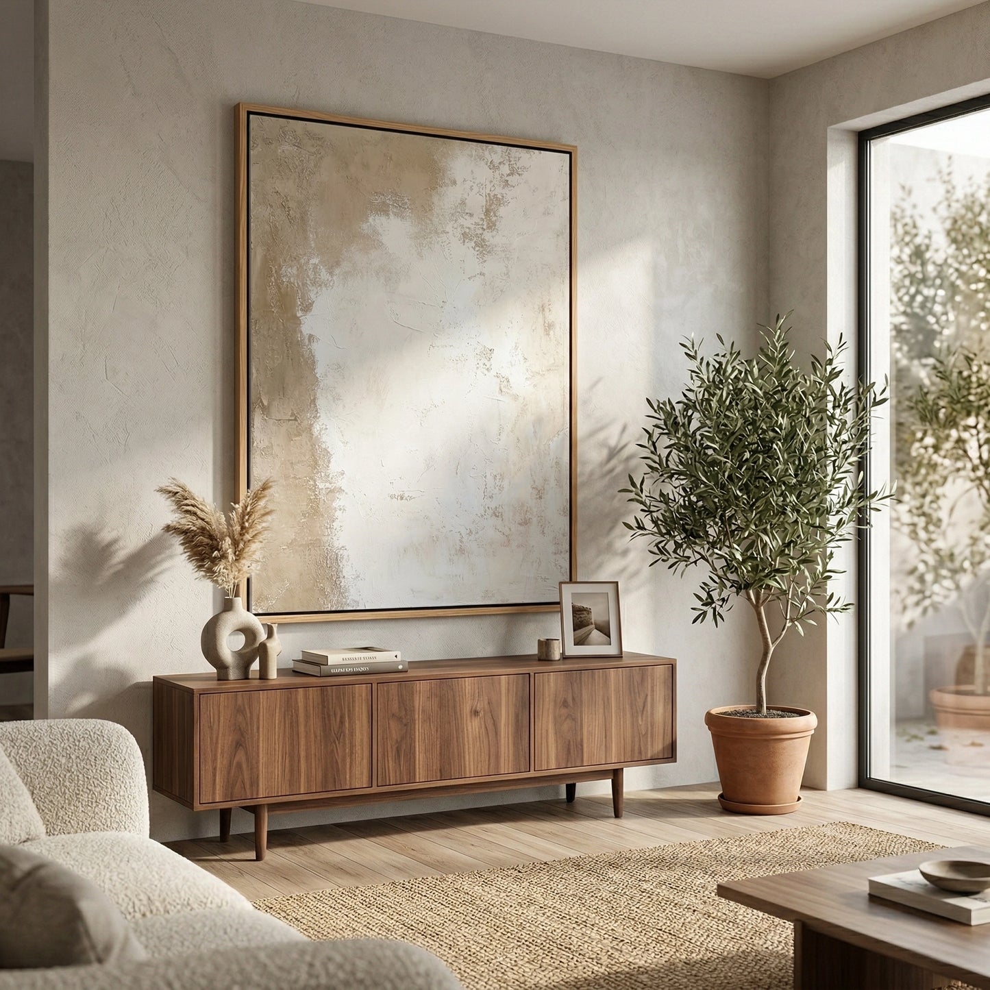 2Ultra-soft 'Canvas Calm' area rug in a high-low pile silk blend, creating a peaceful and tactile floor landscape in a luxury Dubai apartment.