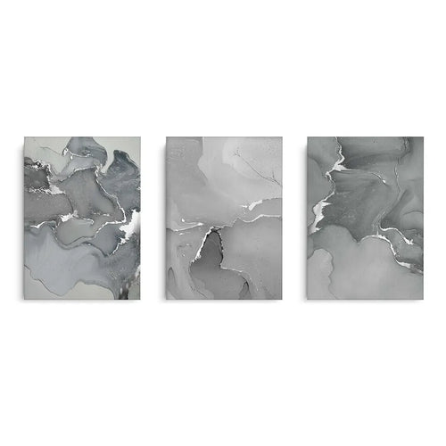 Set of 3 abstract fluid art canvas prints, grey and silver metallic triptych wall decor