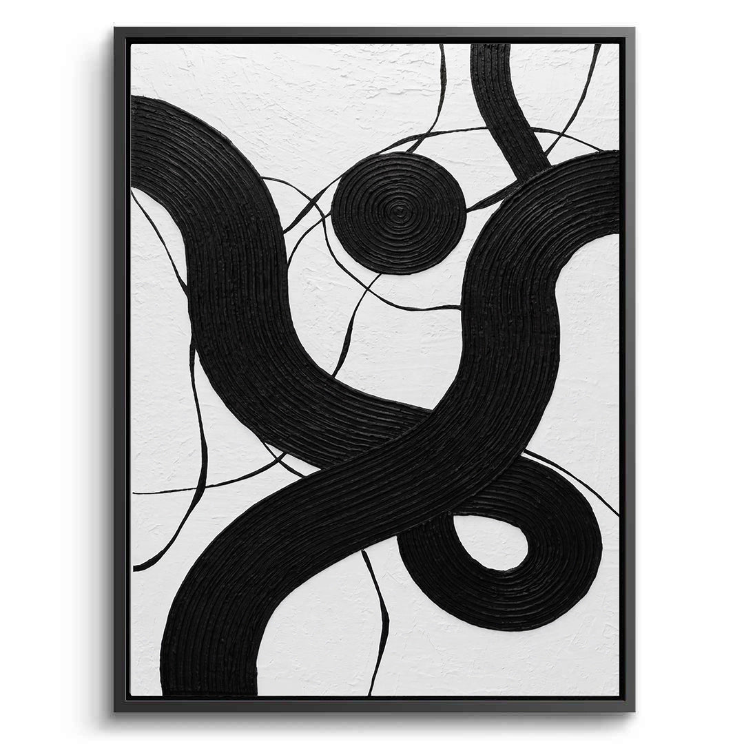 Sleek 'Carbon Coil' 3D wall sculpture in matte black and charcoal grey, a high-tech statement piece for a modern Dubai home office.