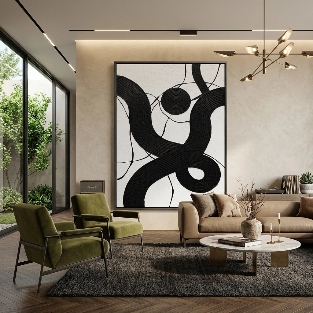 Minimalist 'Carbon Coil' abstract painting featuring dark metallic spirals and heavy textures, perfect for industrial-style UAE interiors.