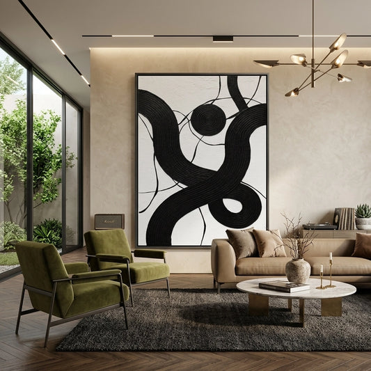 Minimalist 'Carbon Coil' abstract painting featuring dark metallic spirals and heavy textures, perfect for industrial-style UAE interiors.