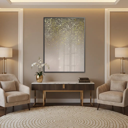 Elegant room with two armchairs and a large gold glitter sparkle ombre fine art print in a black frame UAE Dubai.
