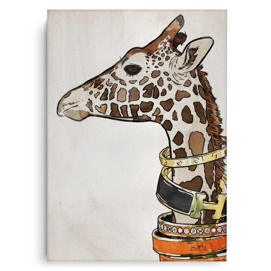 Full view of the fashion giraffe canvas art featuring the giraffe head wearing stacked designer-style belts.