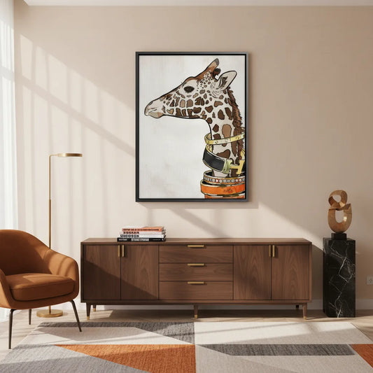 Framed fashion giraffe canvas art hanging in a modern living room with a brown console table.