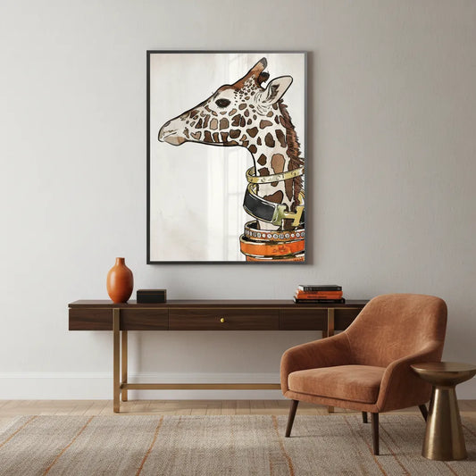 Framed fashion giraffe fine art print hanging above a console table in a modern, neutral-toned room.