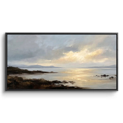 Luminous coastal glow abstract painting featuring soft gold and azure blue strokes, an elegant wall art piece for luxury beachfront villas in Dubai.