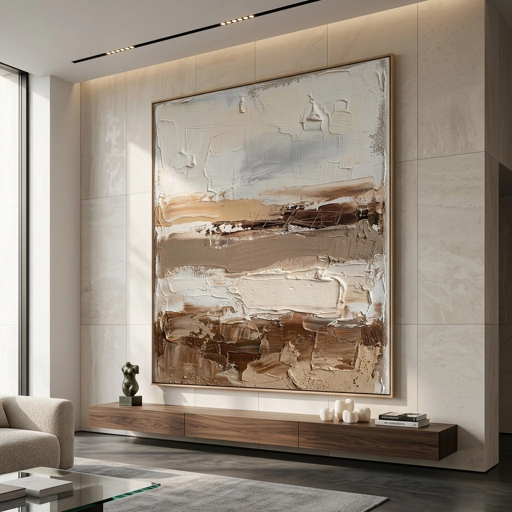 2Minimalist coastal horizon canvas art in muted blue and cream tones, creating an airy feel in a contemporary UAE living room.