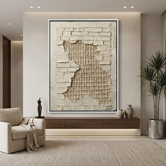 Abstract concrete mesh artwork with raw textures and neutral tones, ideal for contemporary UAE interiors