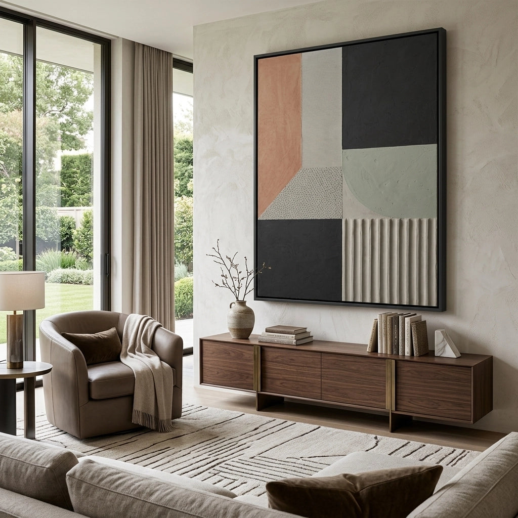 2Minimalist concrete artwork featuring rhythmic textures and soft earthy shades, ideal for contemporary UAE interiors