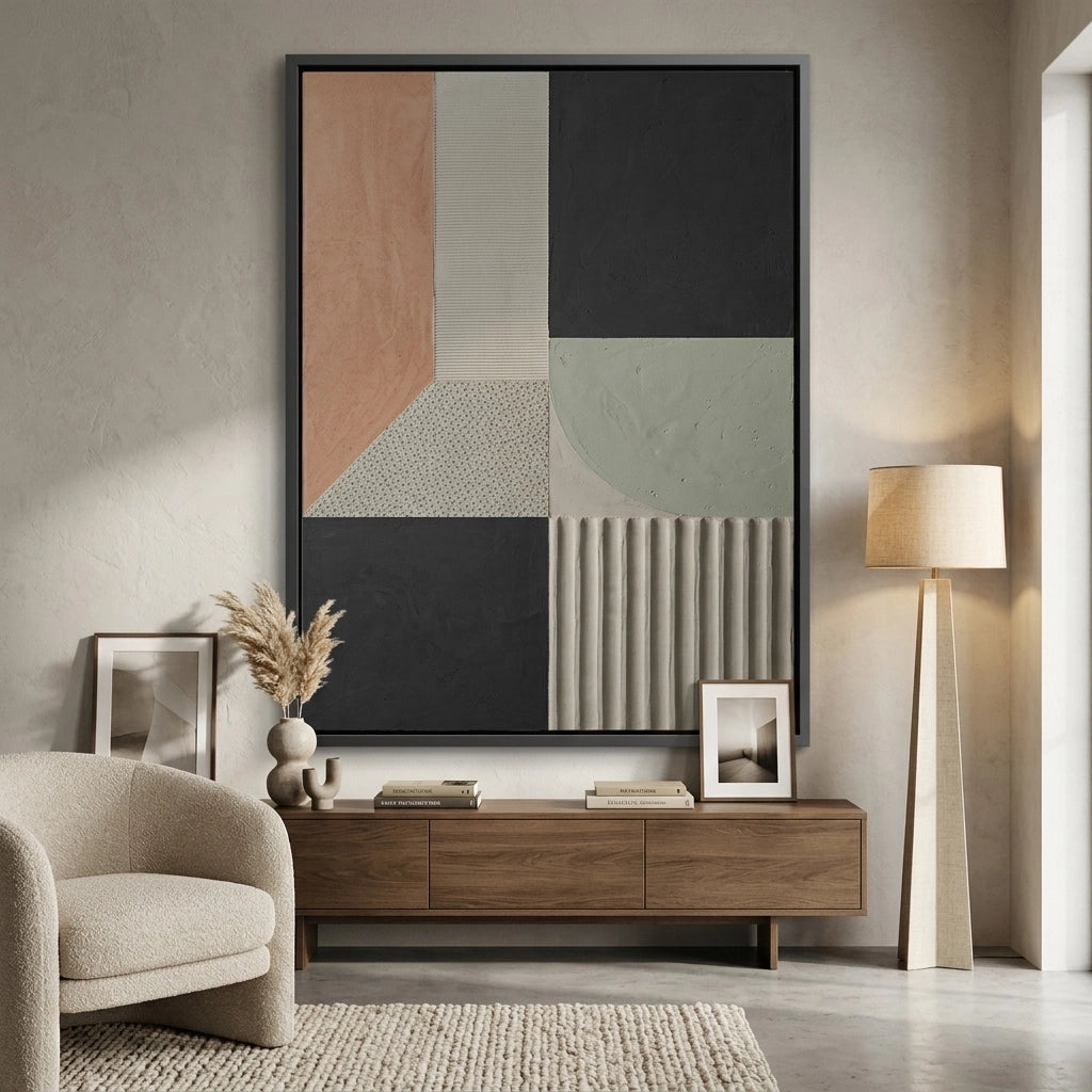 Modern textured concrete art print with calm neutral palette, enhancing elegant UAE interior styling