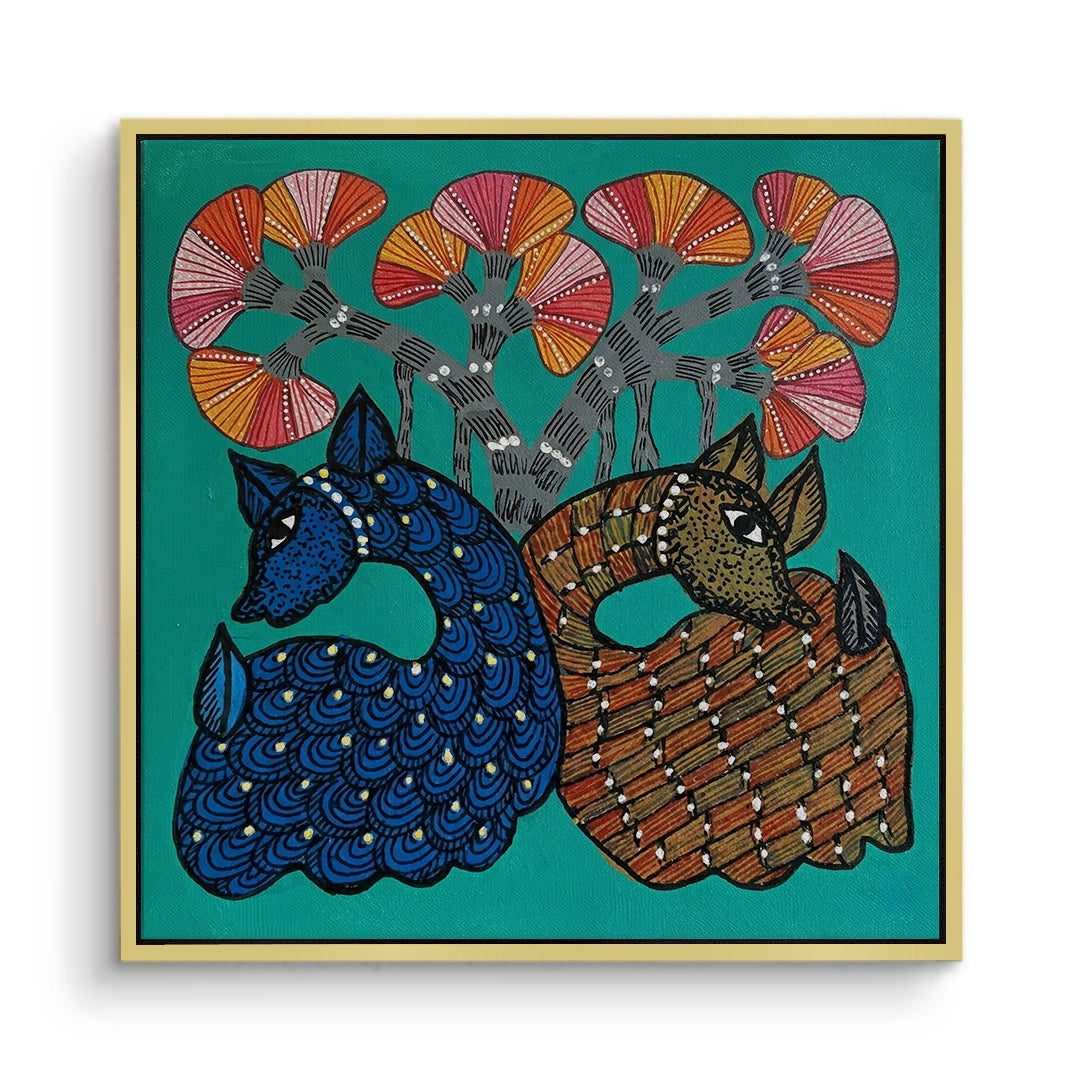 2Contemporary Blue and Brown Deer - Canvas