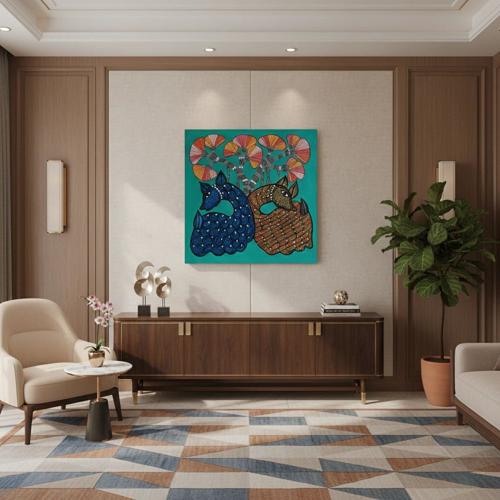 Contemporary Blue and Brown Deer - Canvas
