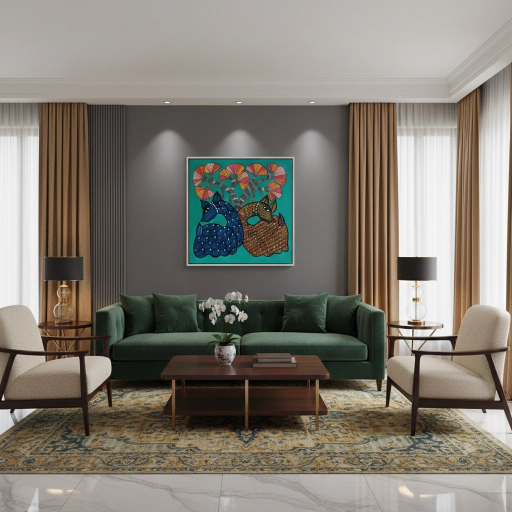 Contemporary Blue and Brown Deer - Canvas