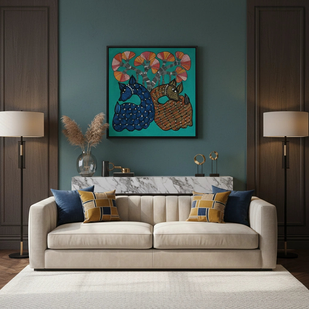 2Contemporary Blue and Brown Deer - Canvas