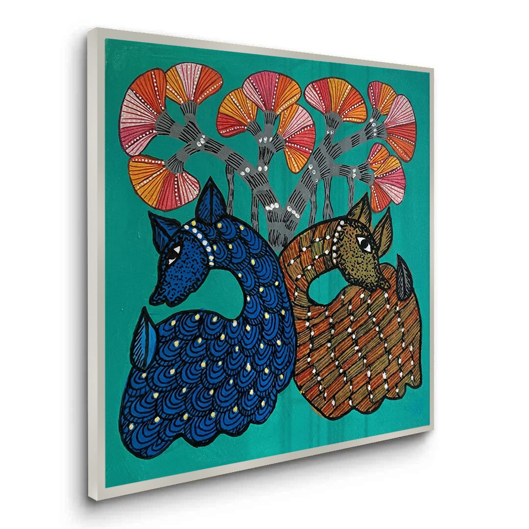 2Contemporary Blue and Brown Deer - Fine Art