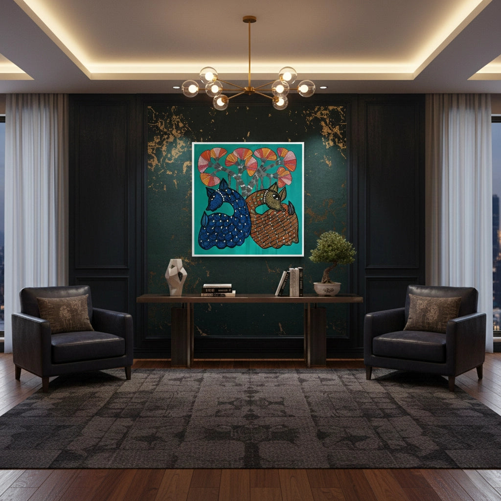 2Contemporary Blue and Brown Deer - Fine Art