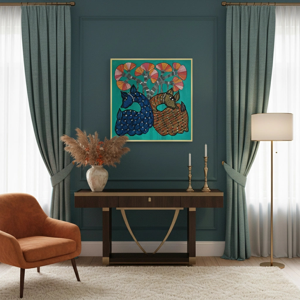 2Contemporary Blue and Brown Deer - Fine Art