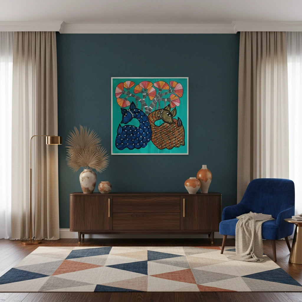 2Contemporary Blue and Brown Deer - Fine Art