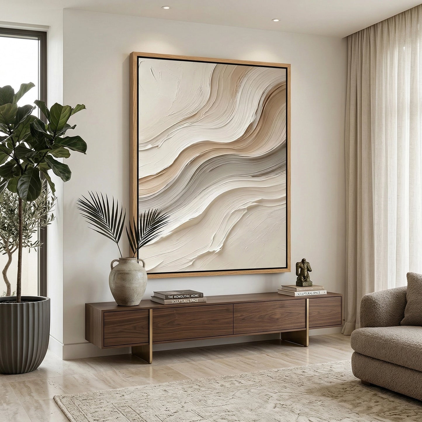 2Minimalist monochromatic cream impasto waves canvas art, adding tactile depth and warmth to a contemporary Abu Dhabi living room.