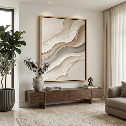 Minimalist monochromatic cream impasto waves canvas art, adding tactile depth and warmth to a contemporary Abu Dhabi living room.