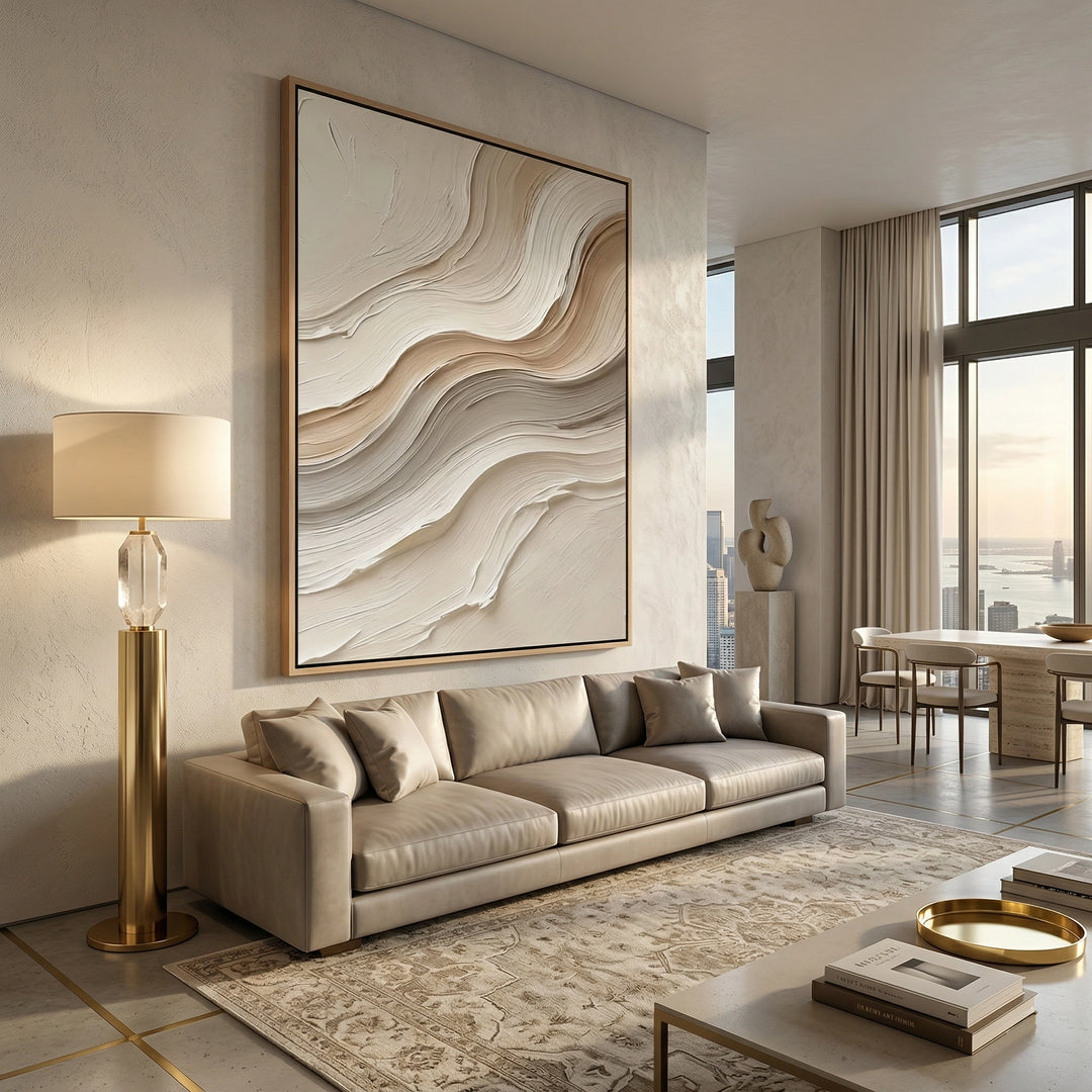Hand-painted cream impasto waves abstract art featuring heavy palette knife textures, premium wall decor available in the UAE.