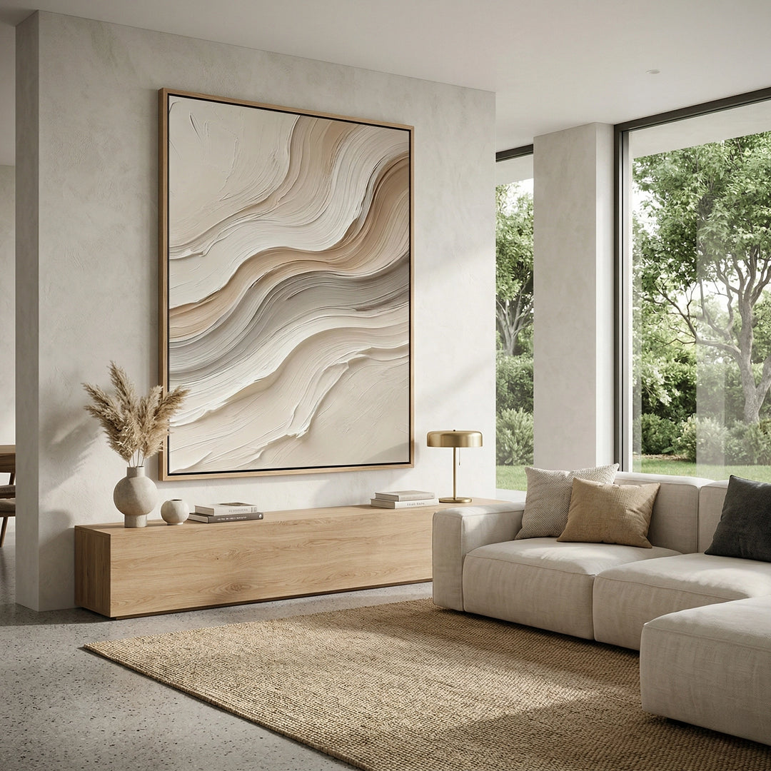 Matte cream ceramic vase with a raised impasto wave pattern, a unique handcrafted accessory for high-end Middle Eastern interiors.