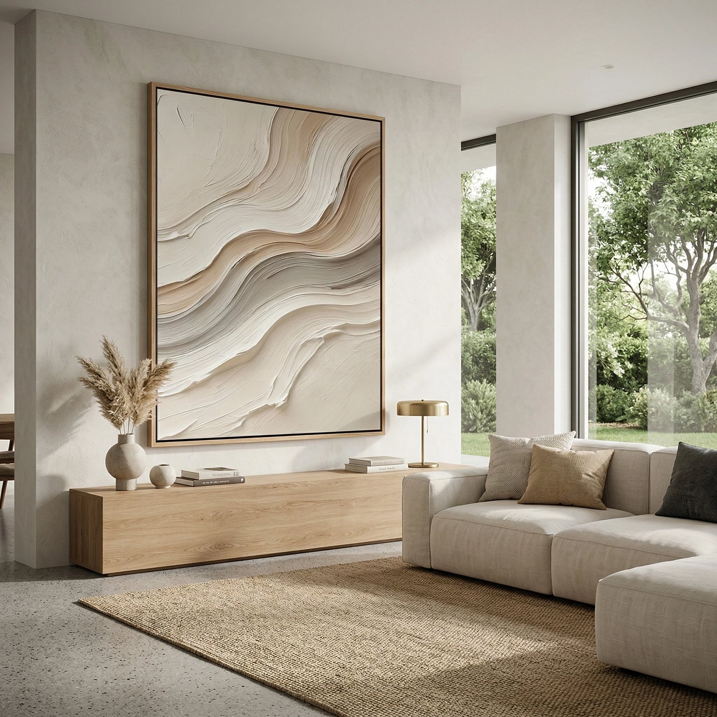 2Matte cream ceramic vase with a raised impasto wave pattern, a unique handcrafted accessory for high-end Middle Eastern interiors.