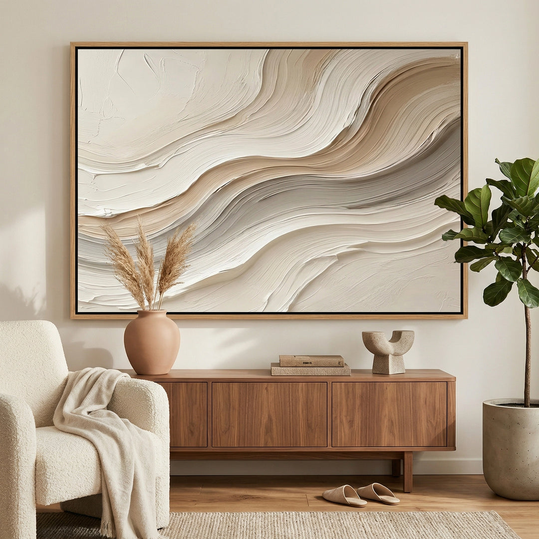Bespoke cream impasto waves wall panel with a plaster-like finish, adding organic movement to a modern Dubai office space.