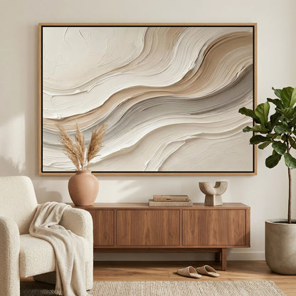 Bespoke cream impasto waves wall panel with a plaster-like finish, adding organic movement to a modern Dubai office space.