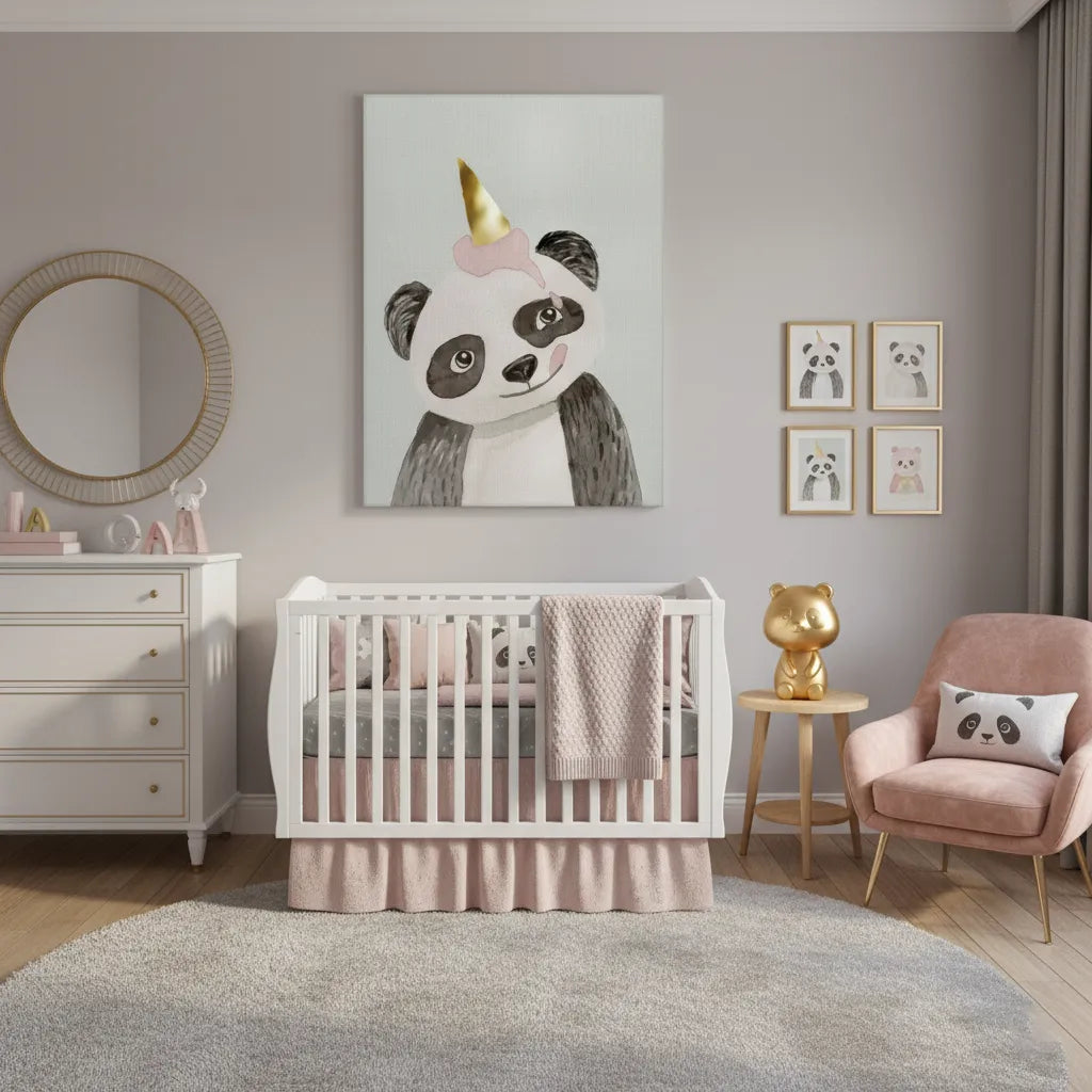 Cute Panda with Gold Unicorn - Canvas - Jasmineart.ae