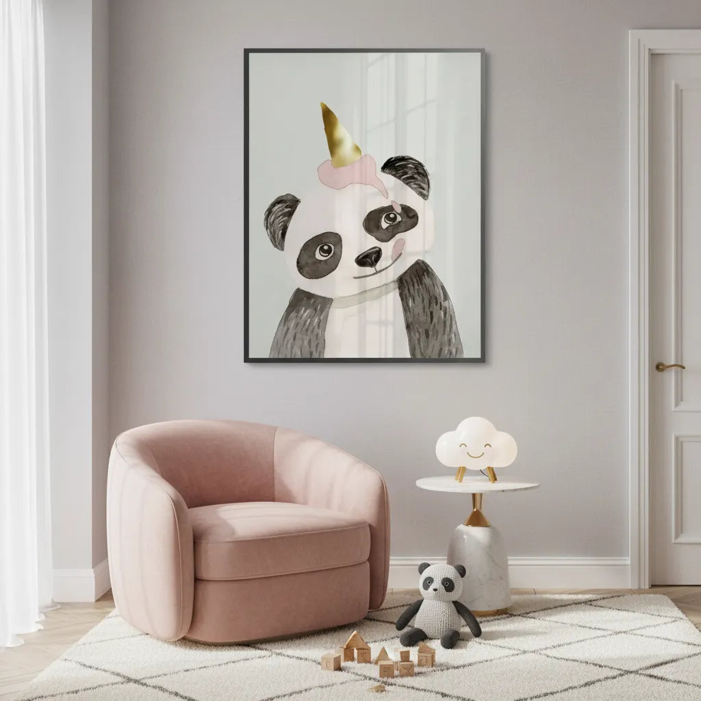 Cute Panda with Gold Unicorn - Fine Art - Jasmineart.ae