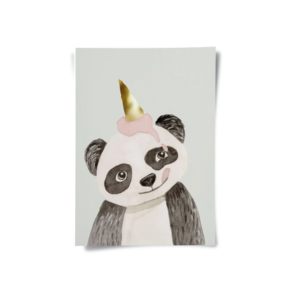 Cute Panda with Gold Unicorn - Poster