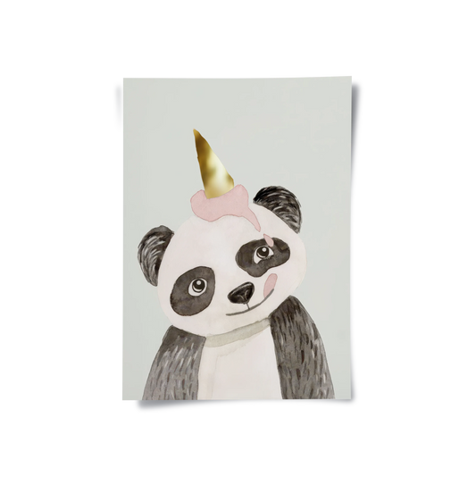 Cute Panda with Gold Unicorn - Poster