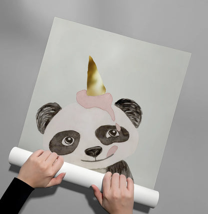 Cute Panda with Gold Unicorn - Poster