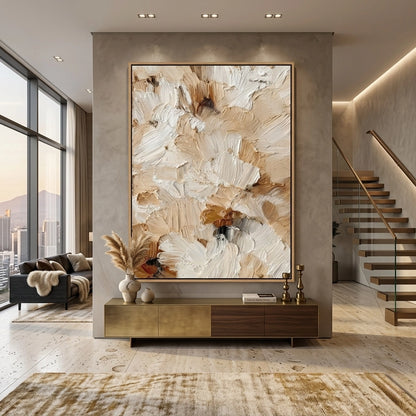 Minimalist 'Desert Bloom' canvas art with heavy impasto botanical layers and soft shadow play, bringing an organic 'Desert Modern' aesthetic to a modern Abu Dhabi home
