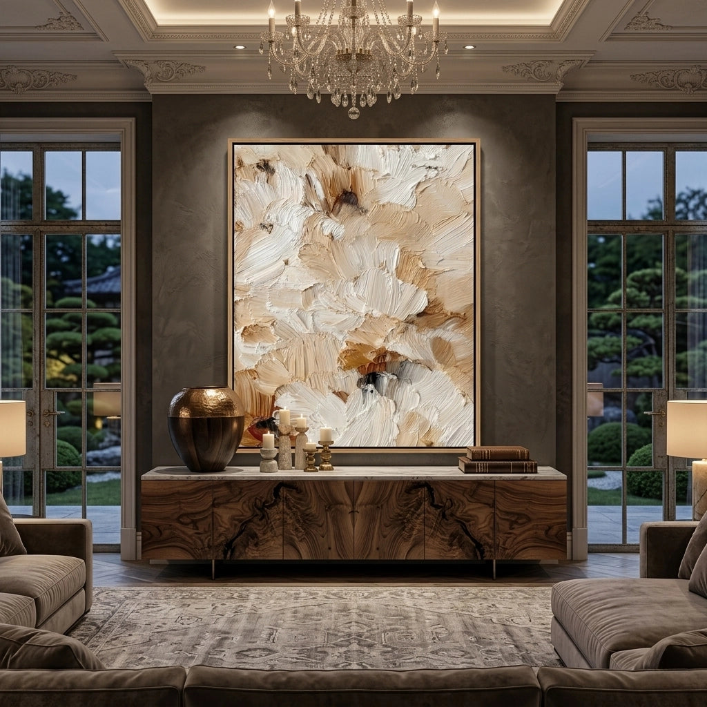 Abstract 'Desert Bloom' textured painting in a monochromatic palette of oatmeal, cream, and blush, premium artisanal wall decor available in the UAE.