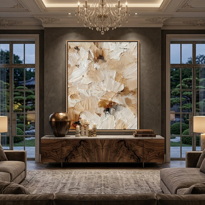 Abstract 'Desert Bloom' textured painting in a monochromatic palette of oatmeal, cream, and blush, premium artisanal wall decor available in the UAE.