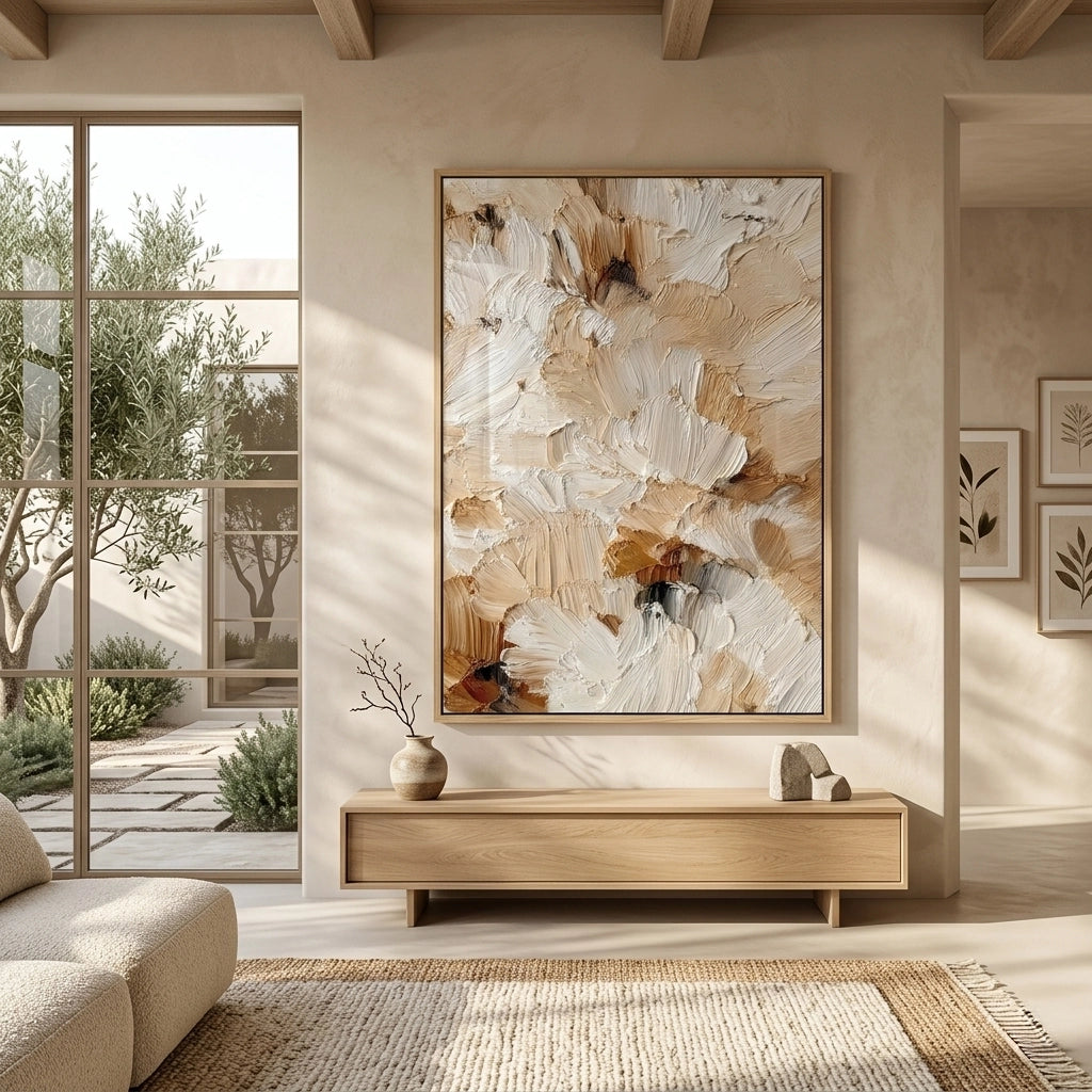 Luxury 'Desert Bloom' area rug with a high-low pile floral motif in a muted terracotta and cream gradient, perfect for a peaceful and airy Dubai lounge