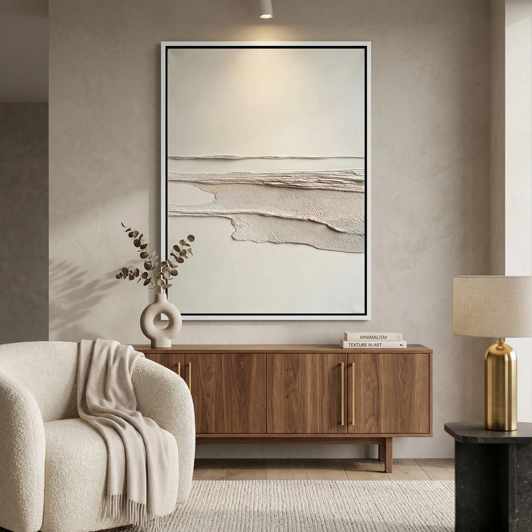 Desert Silence modern wall decor, serene sandy palette, upscale UAE home accent