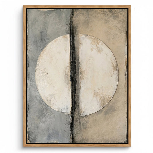 Modern 'Divided Lunar' abstract painting featuring a split-canvas moon texture in silver and charcoal, a bold statement piece for a luxury Dubai apartment.