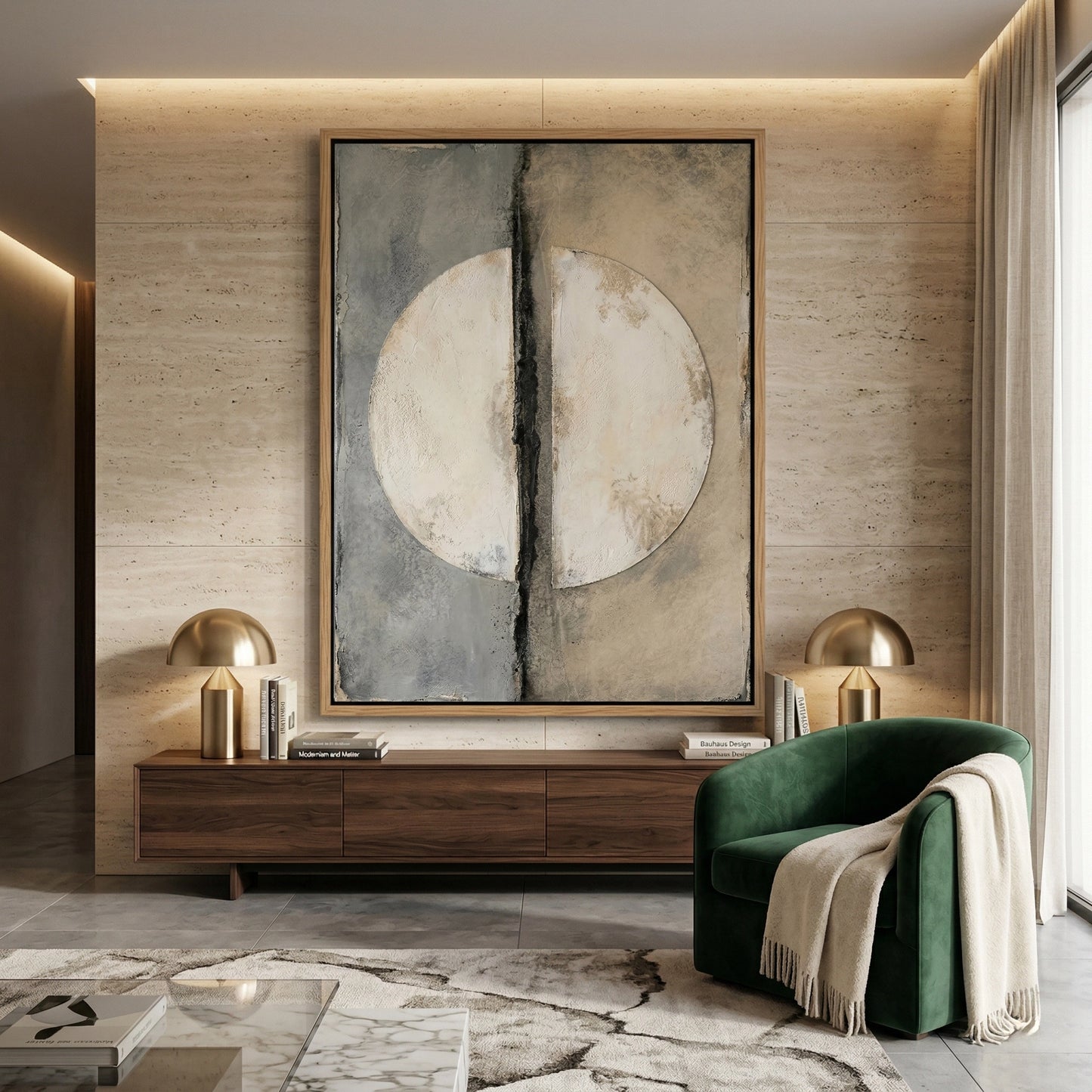 2Two-panel 'Divided Lunar' wall art with crater-like textures and a metallic gold divide, bringing an ethereal glow to a contemporary Abu Dhabi home.