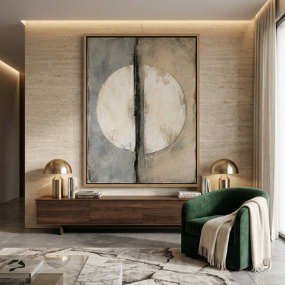 Two-panel 'Divided Lunar' wall art with crater-like textures and a metallic gold divide, bringing an ethereal glow to a contemporary Abu Dhabi home.